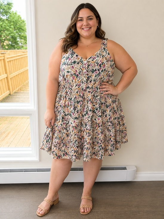 Penningtons Dresses & Skirts - Penningtons Cream Floral V-Neck Smocked Mini Dress with Pink and Black Accents